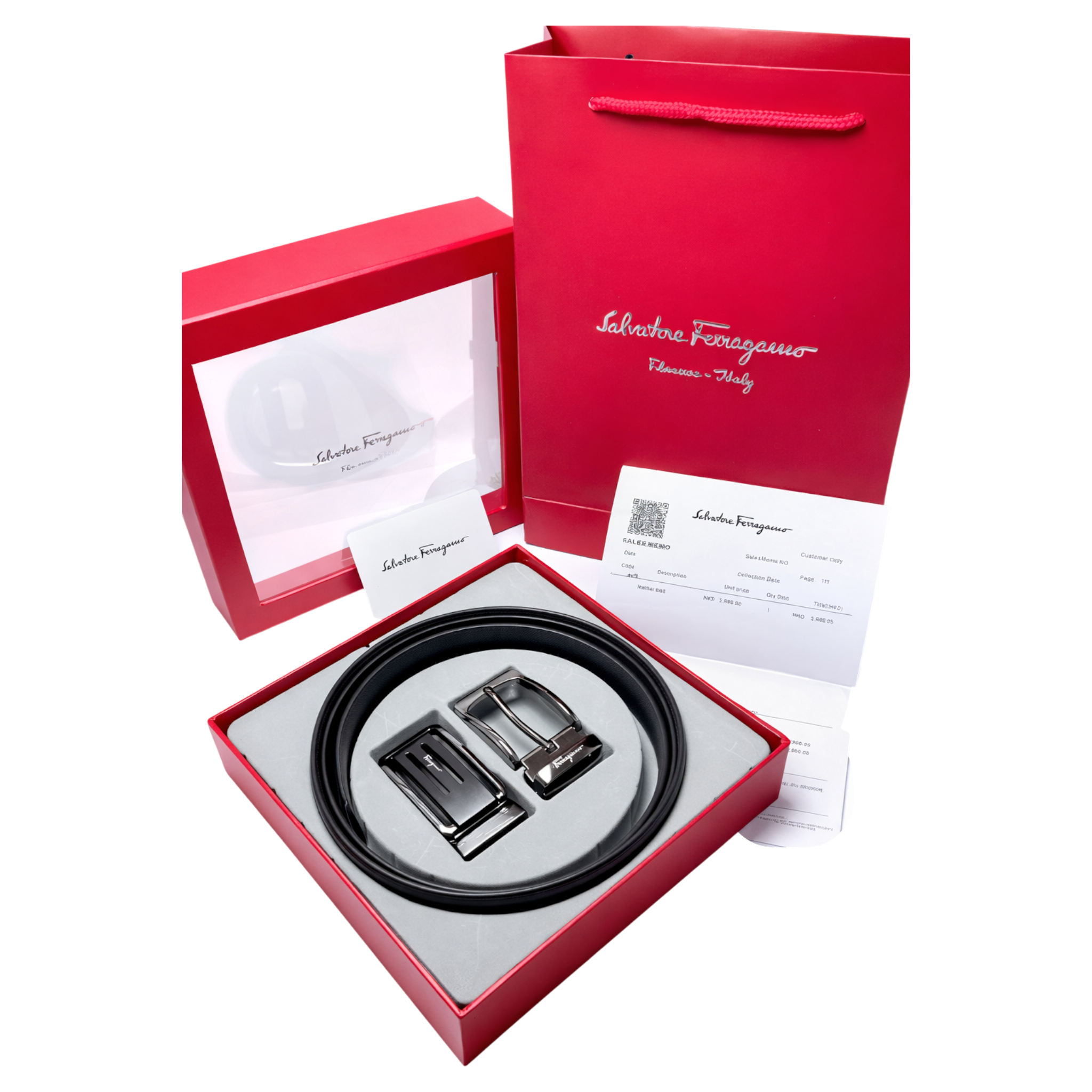 Salvatore Ferragamo  Black Leather Two Faces Belt Set