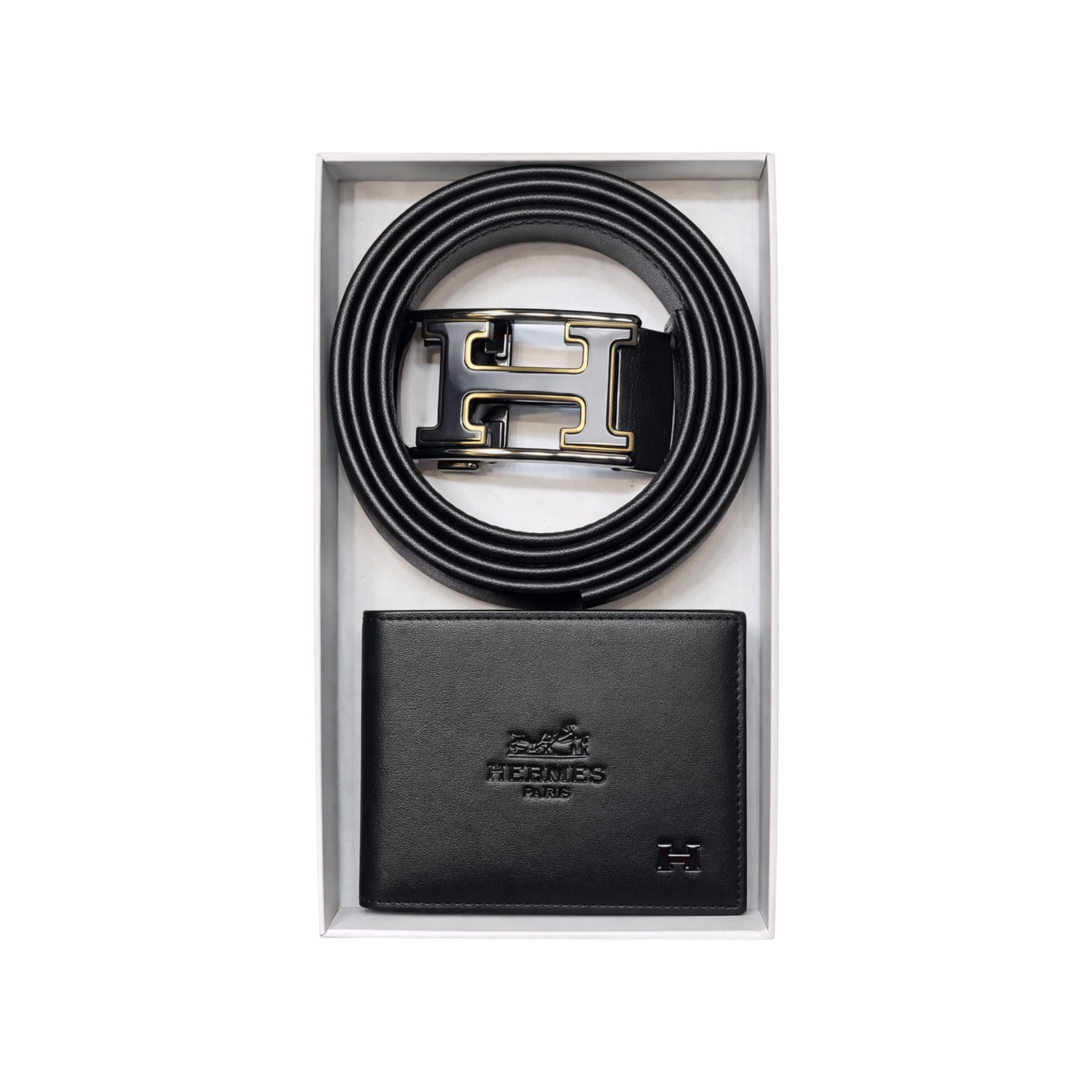 Hermes Black Leather Wallet and Belt Gift Set #1