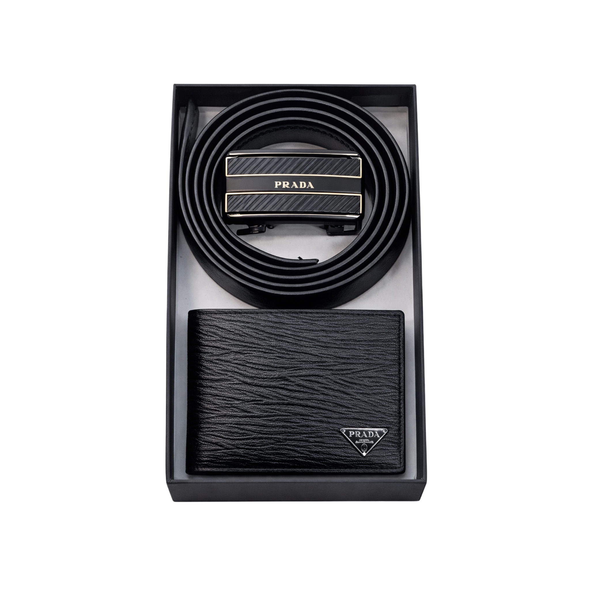 Prada Black Leather Wallet and Belt Gift Set #1