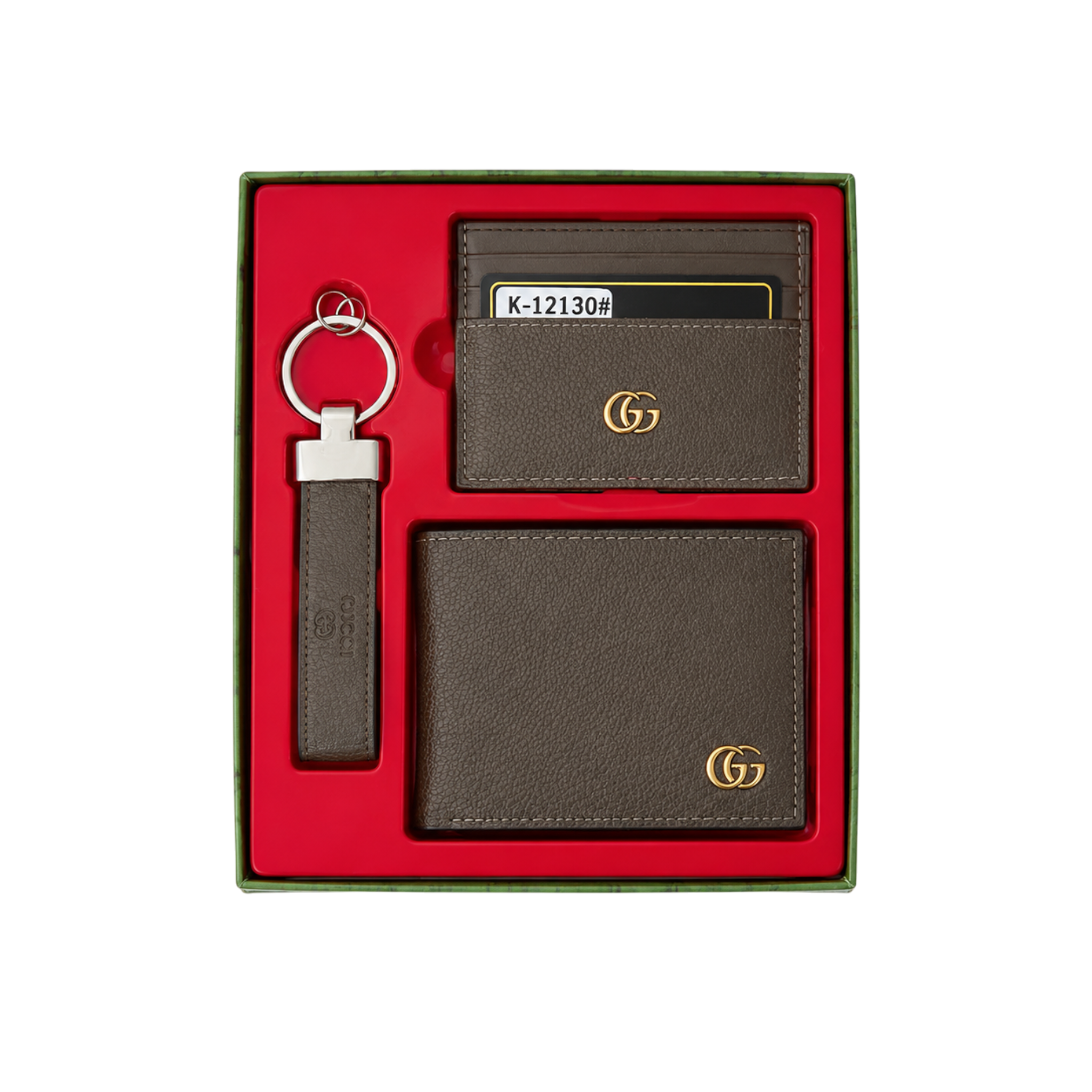 Gucci Brown Leather Wallet, Card Holder and Keychain Gift Set