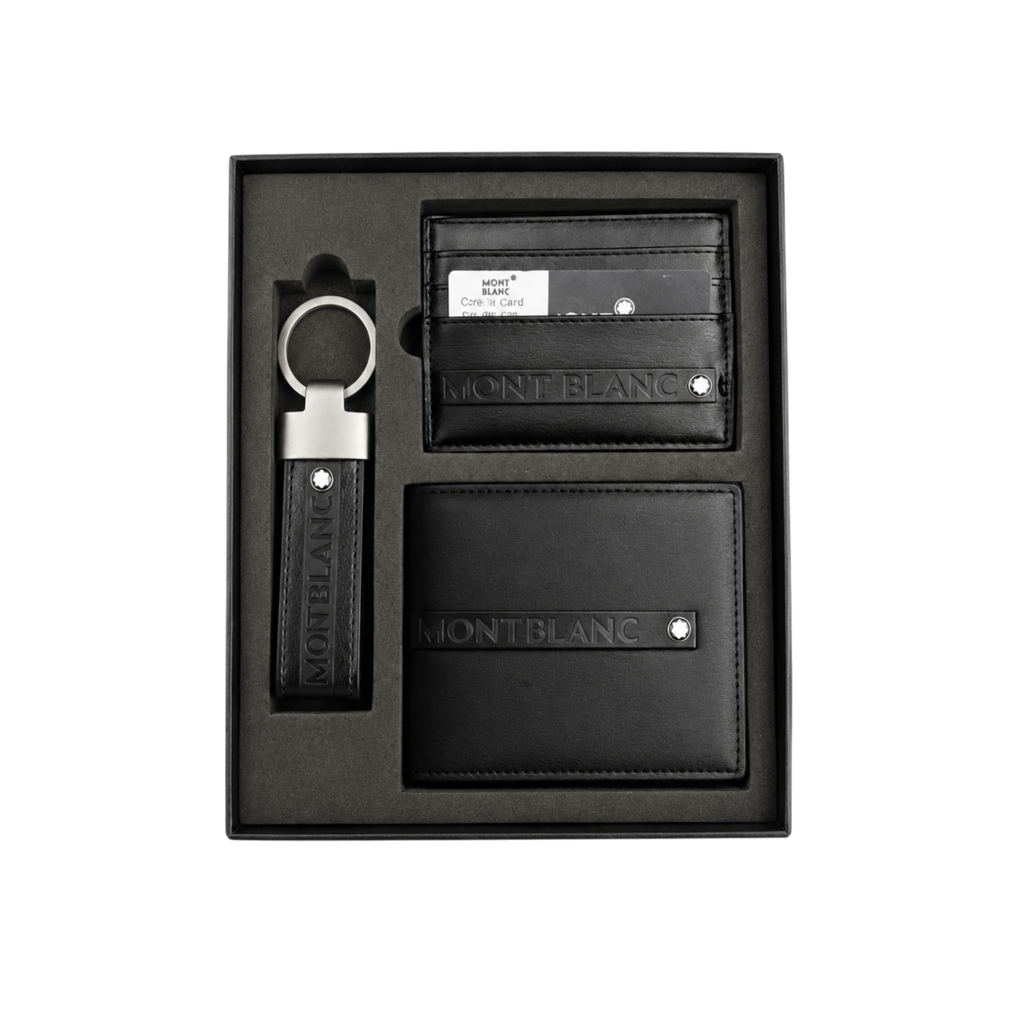 Mont Blanc Black Leather Wallet, Card Holder and Keychain Gift Set #1