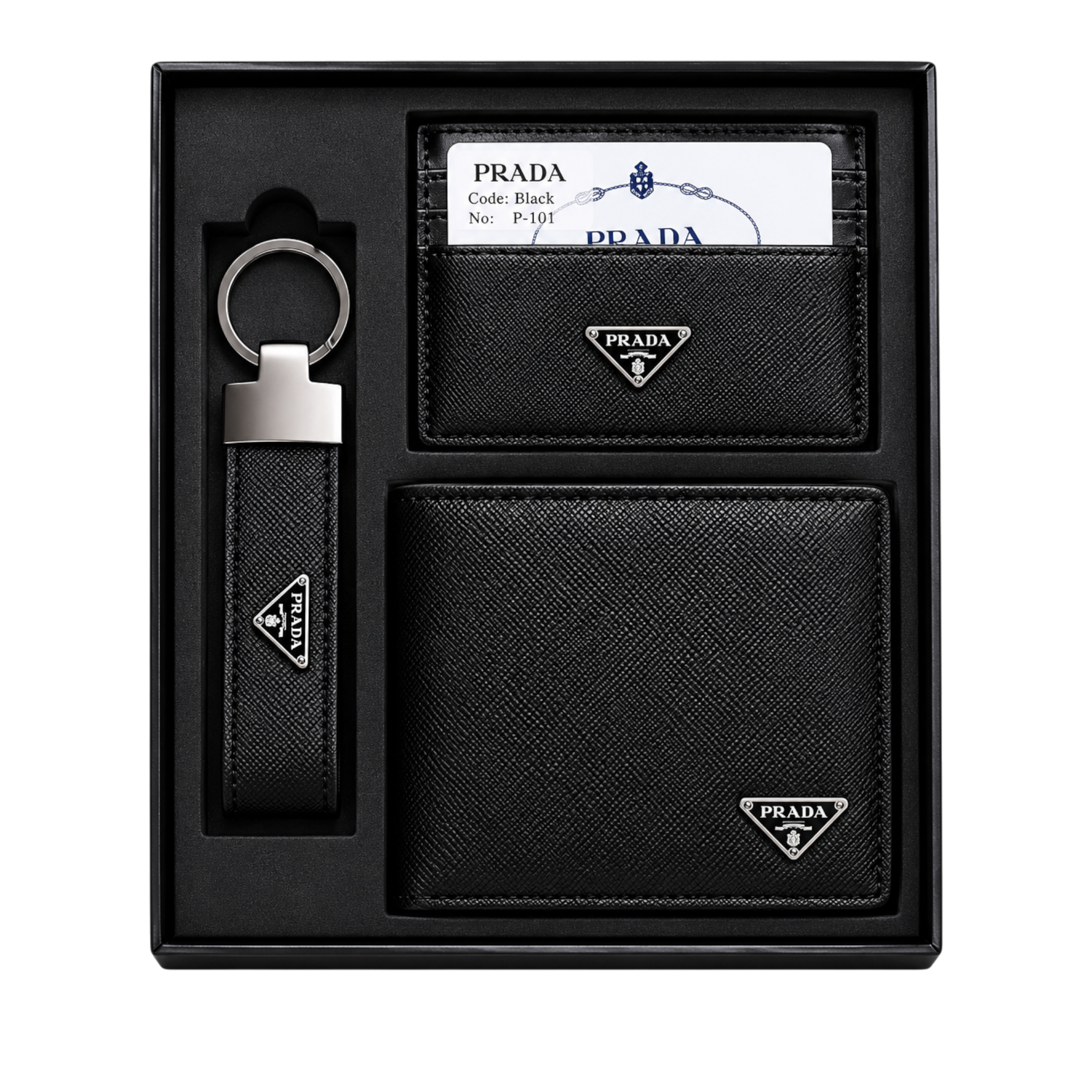 Prada Black Leather Wallet, Card Holder and Keychain Gift Set #1