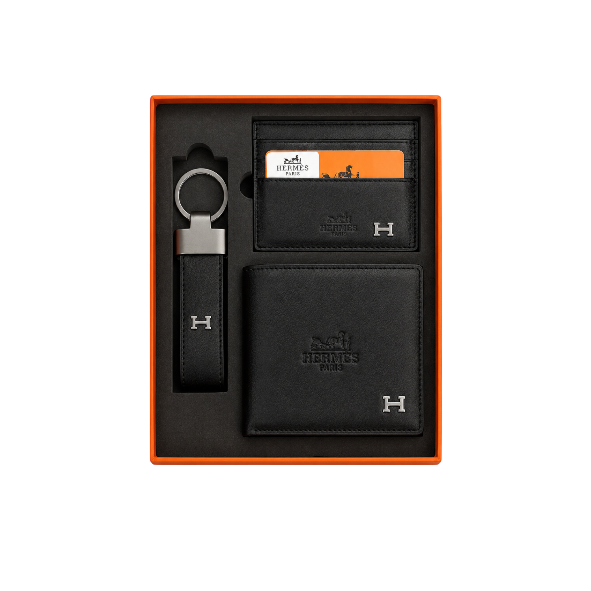 Hermès  Black Leather Wallet, Card Holder and Keychain Gift Set #1