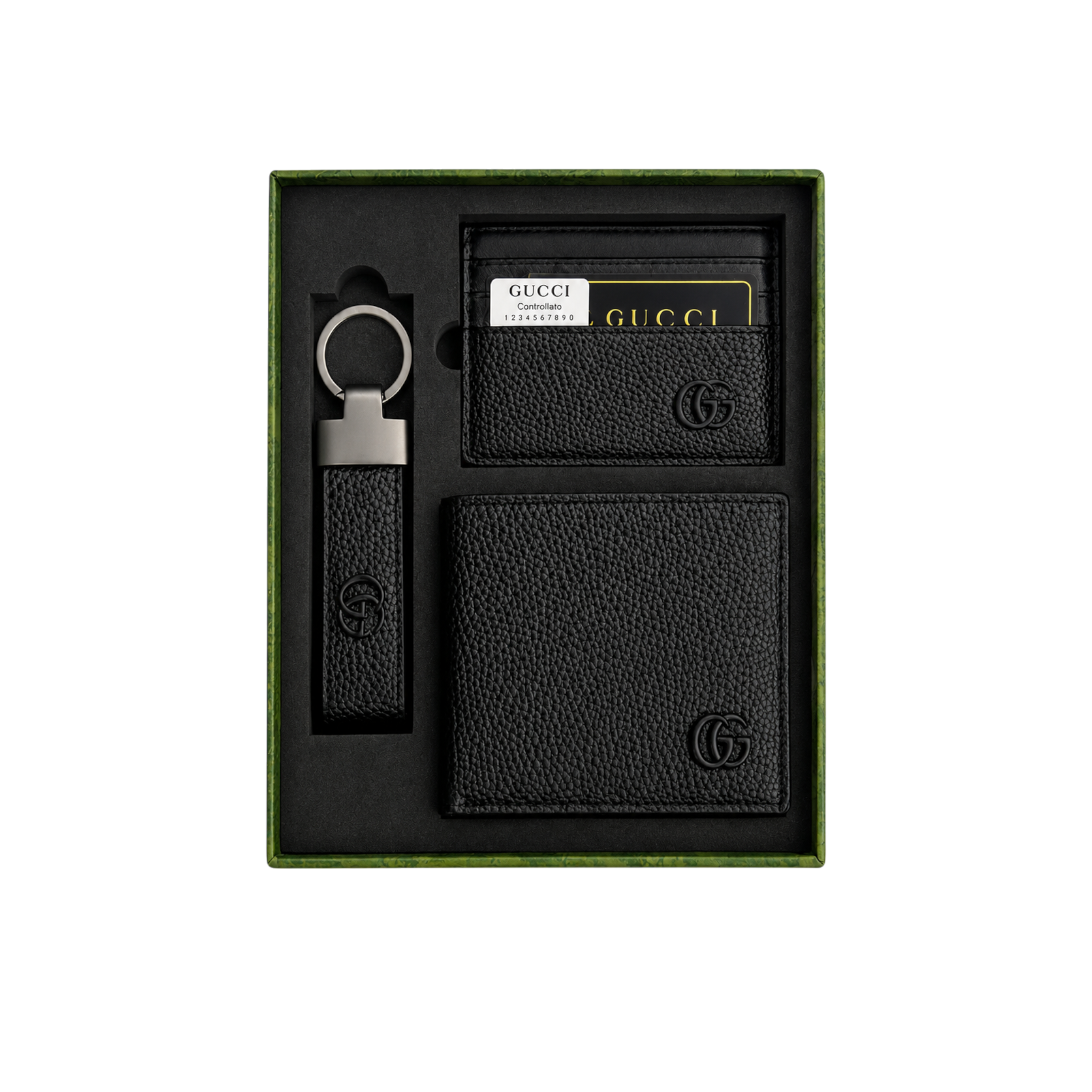 Gucci Black Leather Wallet, Card Holder and Keychain Gift Set
