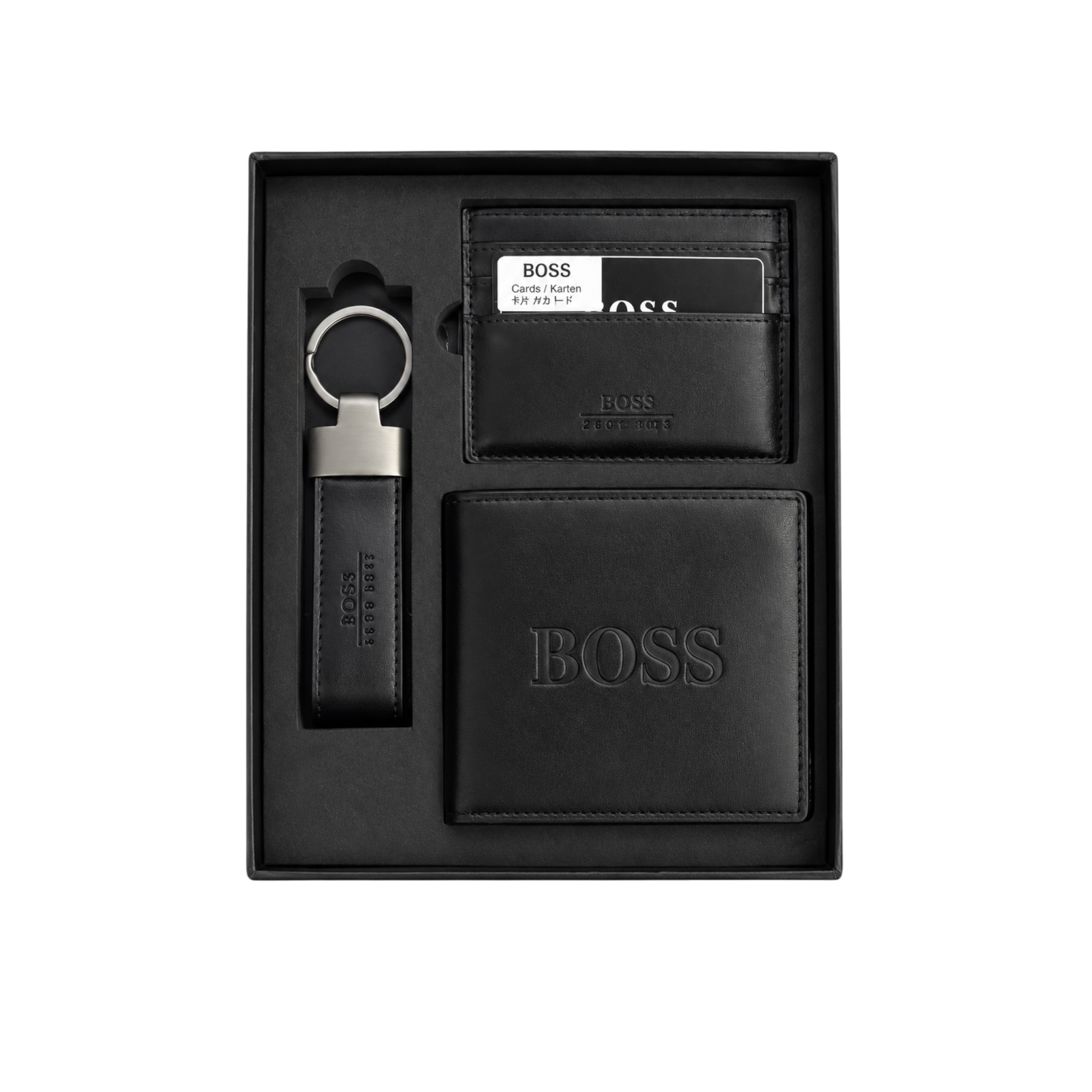 BOSS Black Leather Wallet, Card Holder and Keychain Gift Set #1