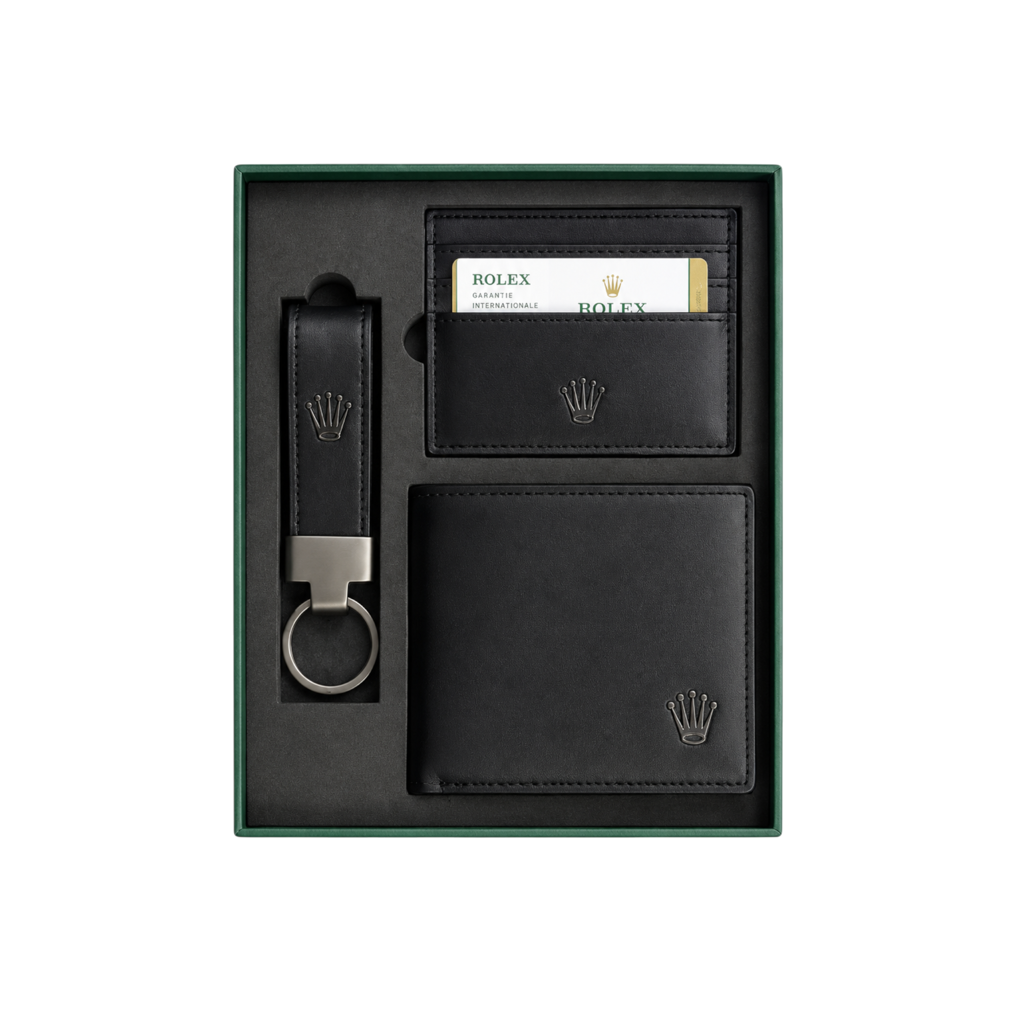 Rolex Black Leather Wallet, Card Holder and Keychain Gift Set #1