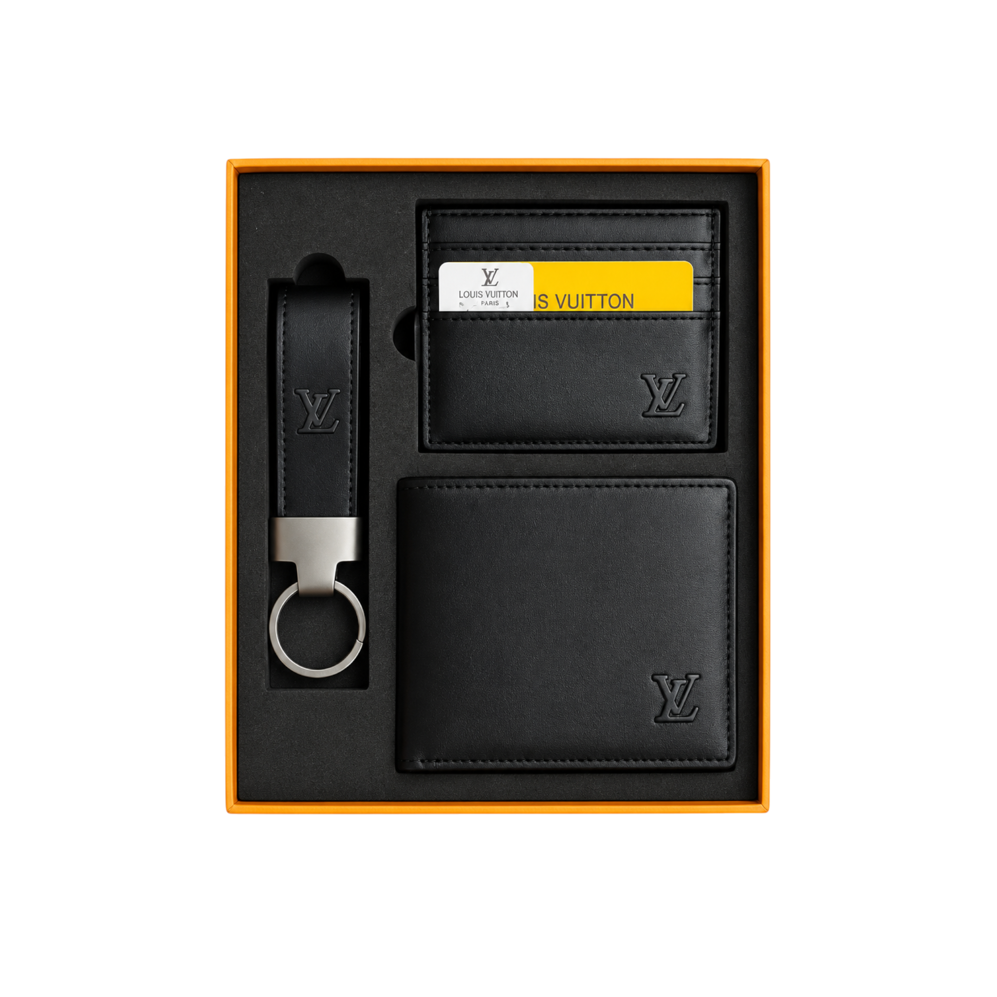 Louis Vuitton Black Leather Wallet, Card Holder and Keychain Gift Set #1